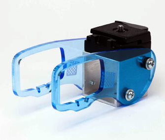 A translucent blue laser-cut Kinect camera mount with its sensor arms, aluminum base, fasteners, and quick-release plate visible.