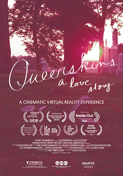 Festival poster for Queerskins: A Love Story in magenta and violet, centered on a figure seated inside a car.
