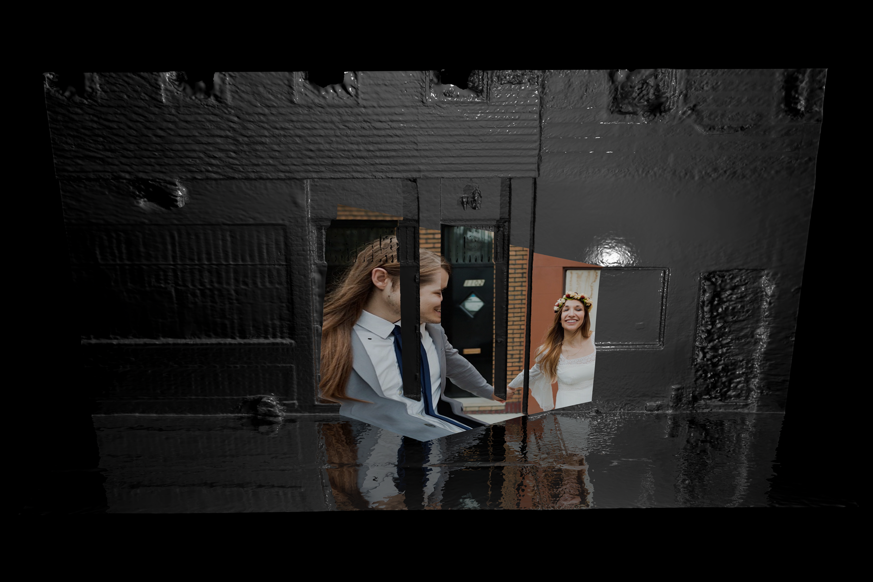 Architectural Features artwork combining a dark architectural scan with fragmented photographs of a couple in wedding attire.