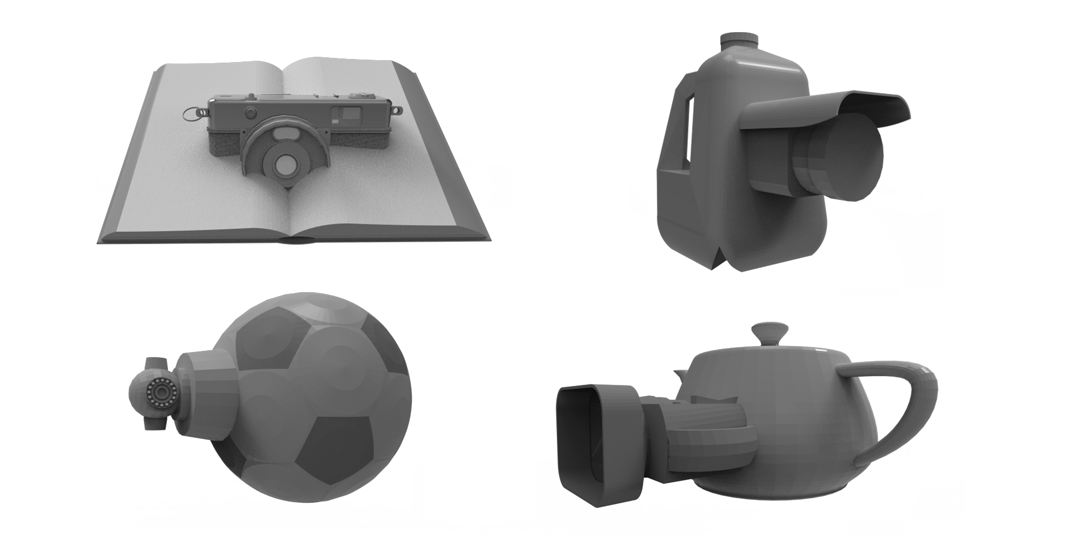 Four gray speculative camera-object hybrids arranged on white: a book camera, bottle camera, ball camera, and teapot camera.