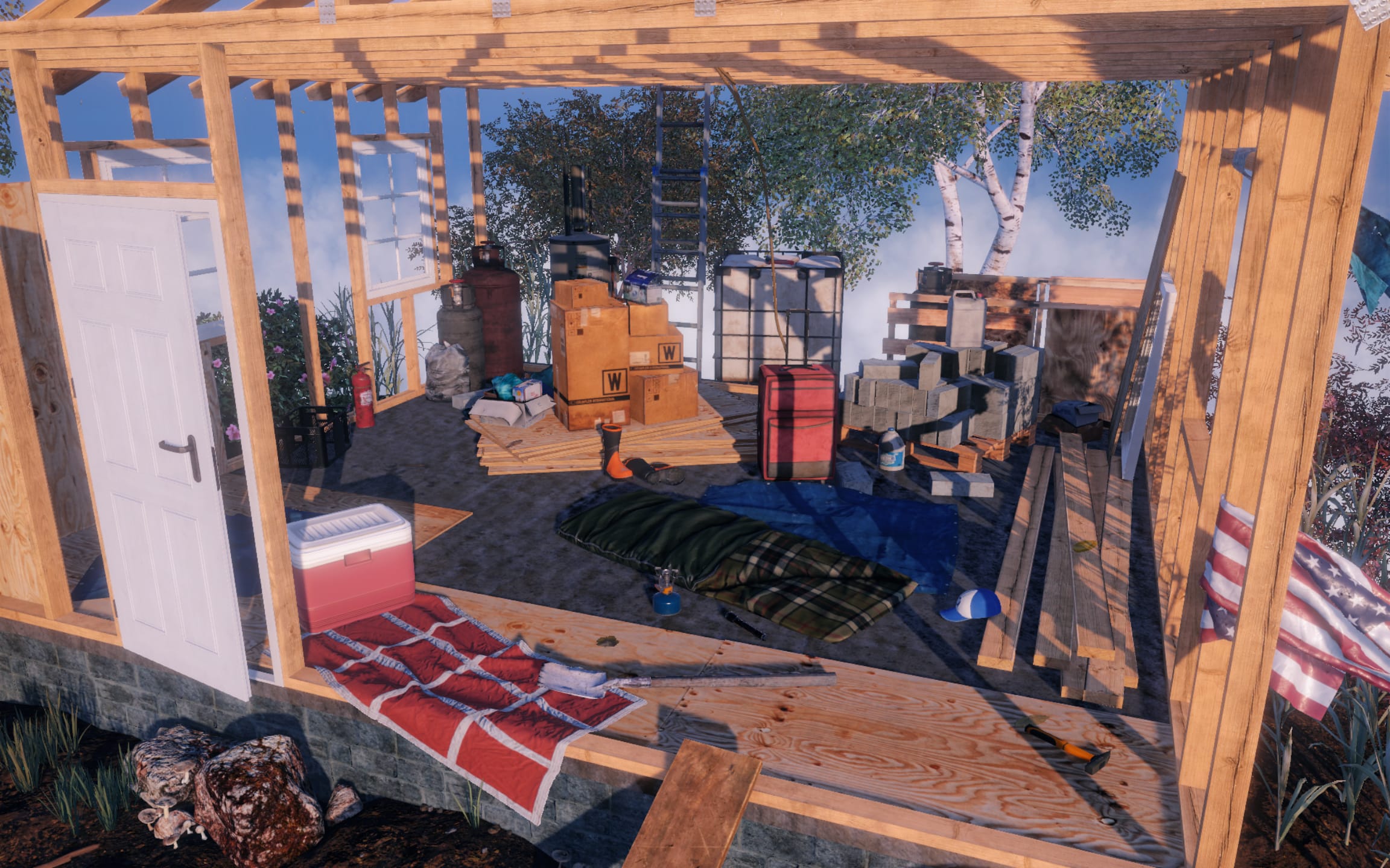 The interior of Kim Laughton’s partially built house in Styles and Customs of the 2020s.