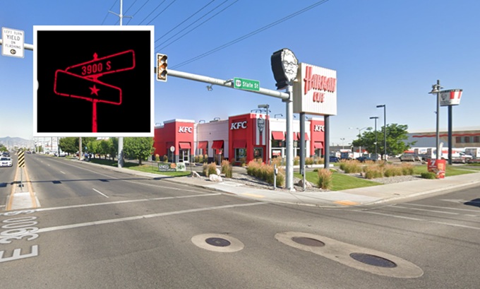 Street view of Harman Cafe and a KFC location annotated with a distance clue.