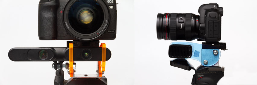 Two DSLR rigs sit side by side: one paired with a Kinect on a blue acrylic mount, the other paired with an Asus depth sensor on an orange acrylic mount.