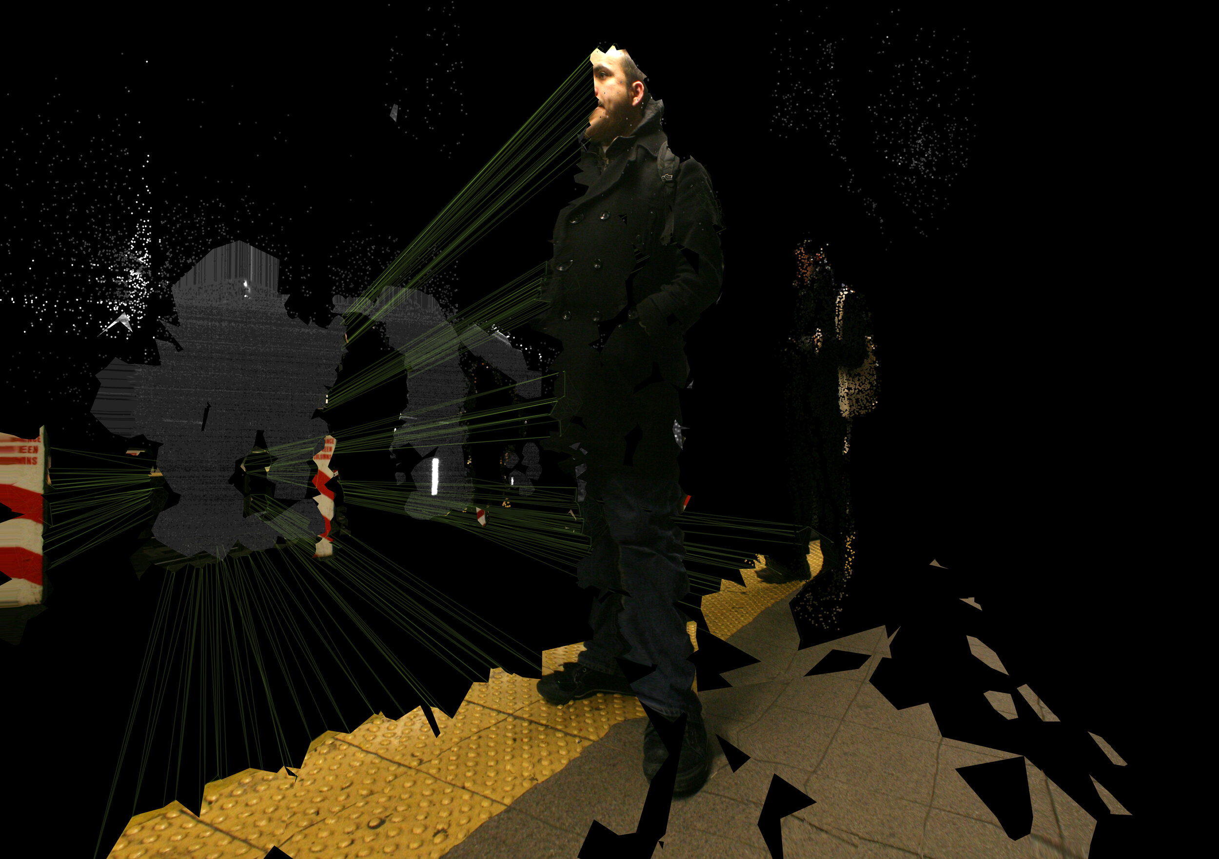 A subway passenger stands inside a fractured depth scan, with green geometry stretching through the dark station.