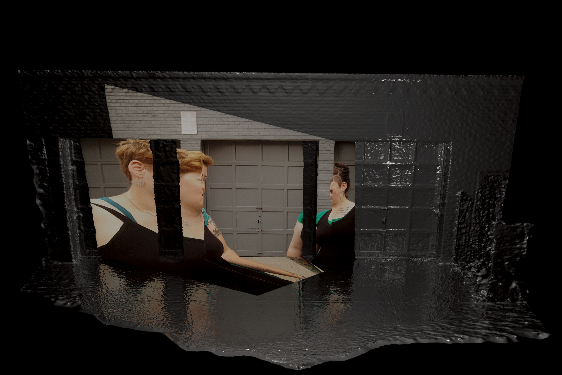 Architectural Features artwork combining a dark scan of a Greenpoint garage and column with photographs of two women.
