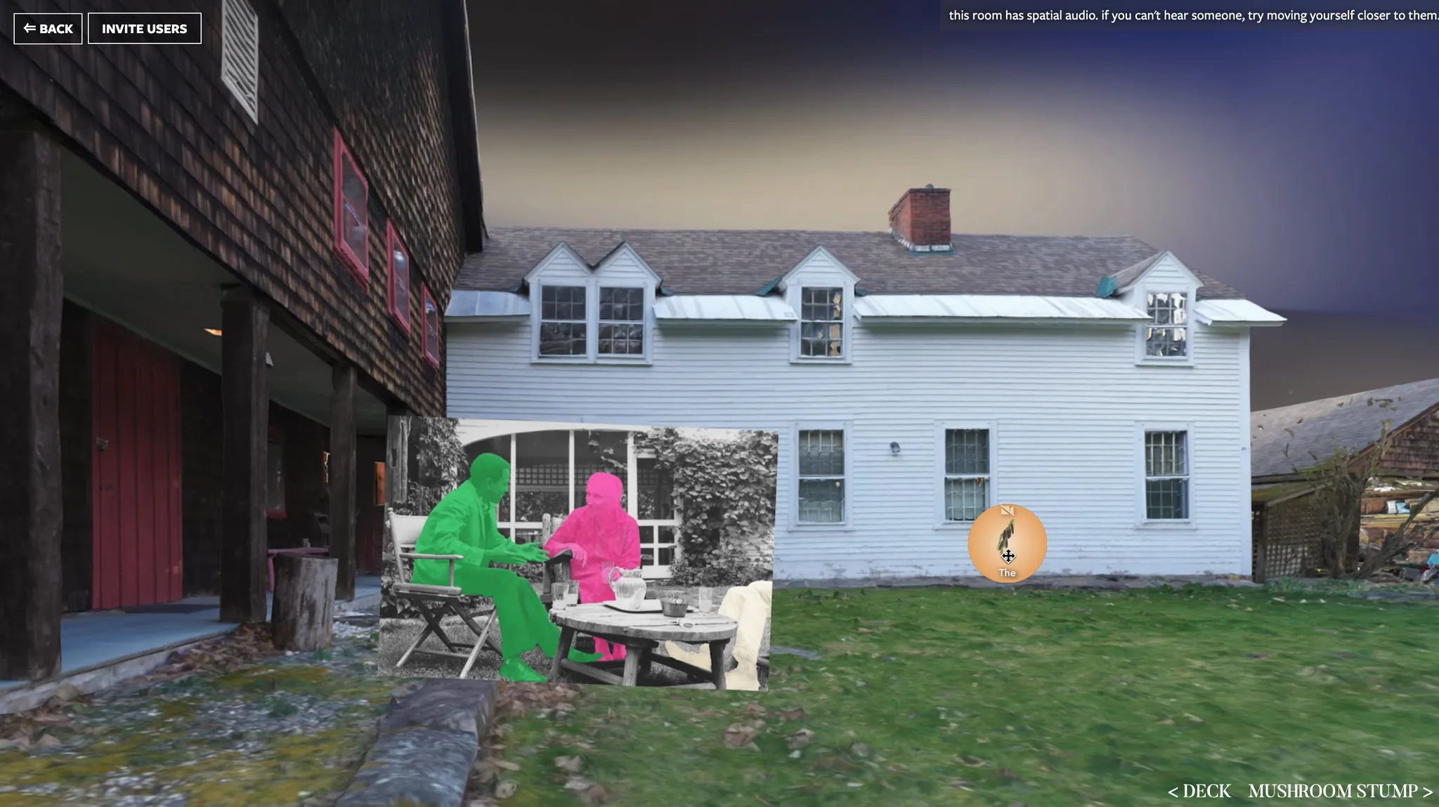 The Flaherty online environment places a black-and-white archival conversation in front of a reconstructed farmhouse, with spatial-audio instructions across the top.