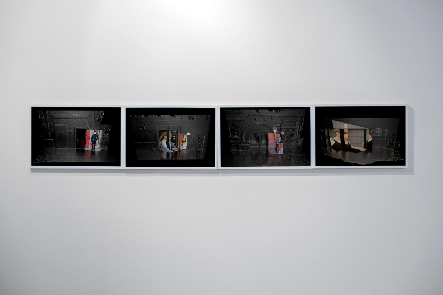 Four framed Architectural Features prints installed in a row on a white gallery wall for The New Black at Gallery 12 in Belgrade.