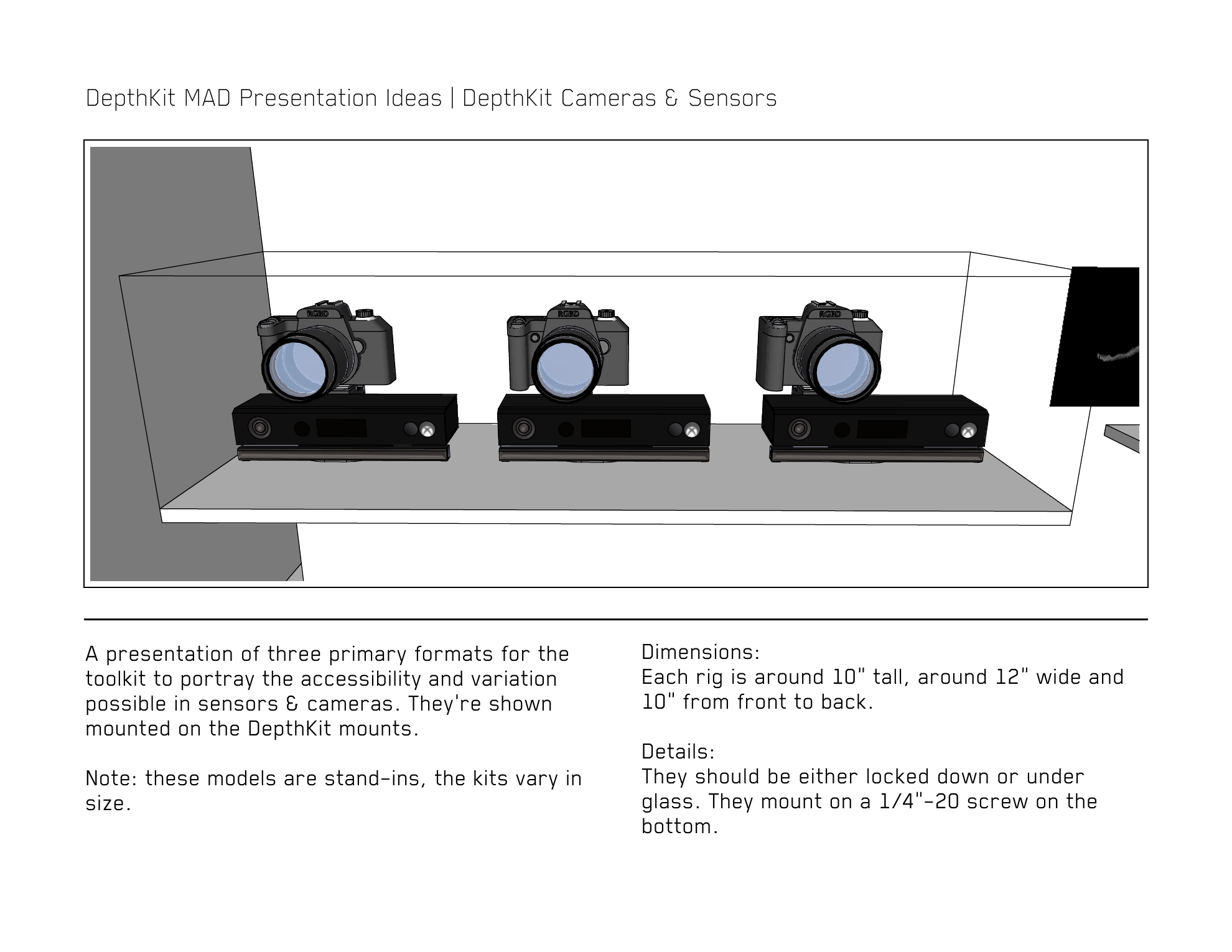 Proposal drawing of three camera and depth-sensor configurations displayed side by side on Depthkit mounts beneath glass.