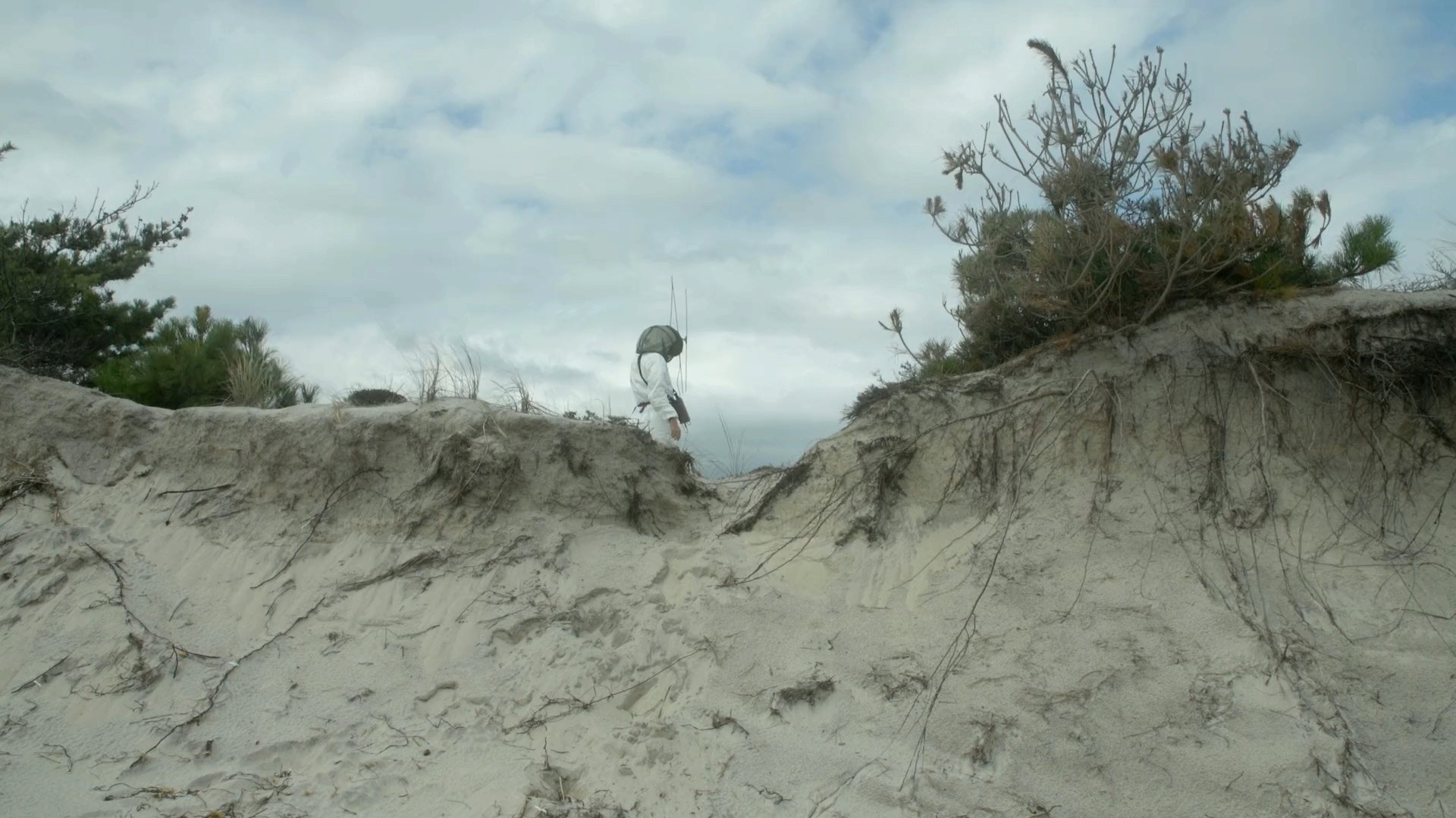 A small figure walks along the crest of a pale, wind-cut dune beneath a gray sky.