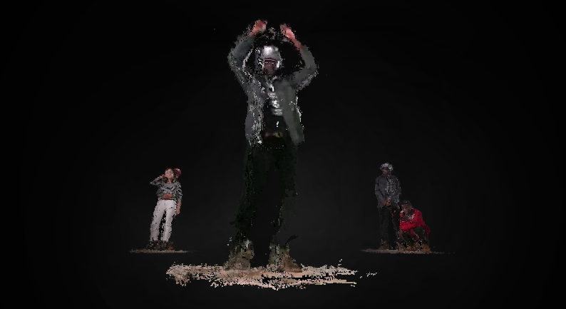 Four volumetrically captured performers pose against a black background for the Timberland × Stüssy interactive.