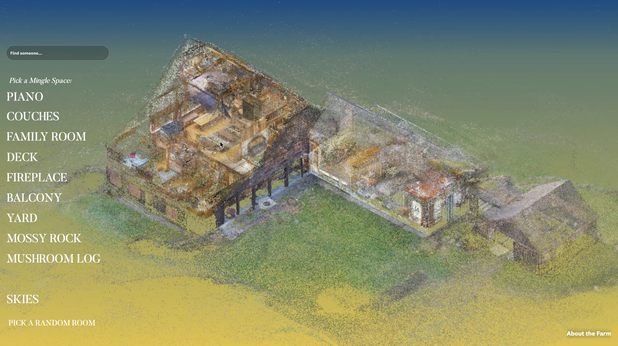 A menu overlays a point-cloud overview of the Flaherty Farm, listing gathering spaces including the piano, couches, family room, deck, fireplace, balcony, yard, mossy rock, and mushroom log.