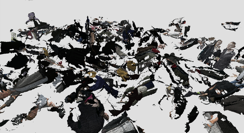A wide volumetric reconstruction of many seated and standing figures, fragmented against a white field.