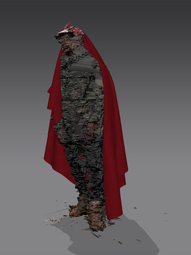 A scanned performer with red cloth in a development render for the Timberland × Stüssy interactive.