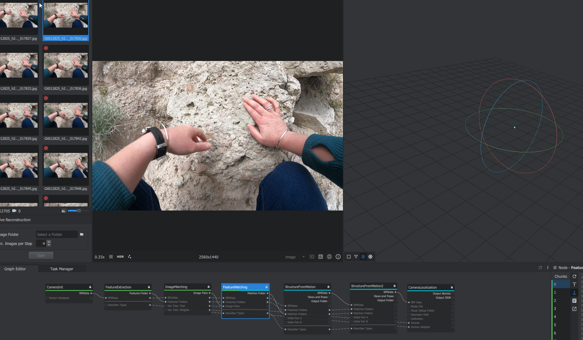A photogrammetry workspace combines repeated first-person frames of a Badlands walk with camera orientation and reconstruction controls.