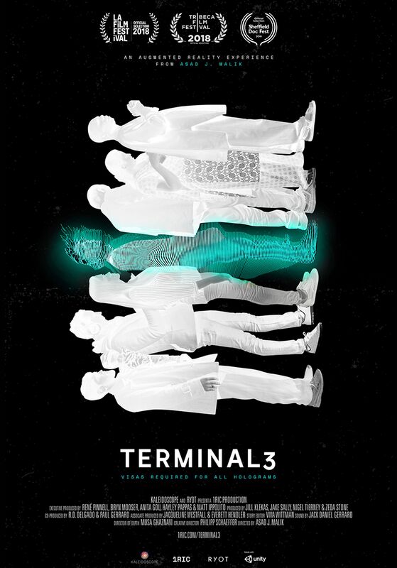 Festival poster for Terminal 3 showing a standing volumetric figure formed from white horizontal fragments.