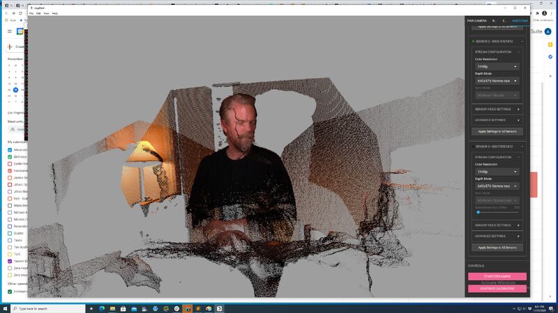 A Depthkit workspace shows a seated performer reconstructed amid the point-cloud geometry of a domestic room.