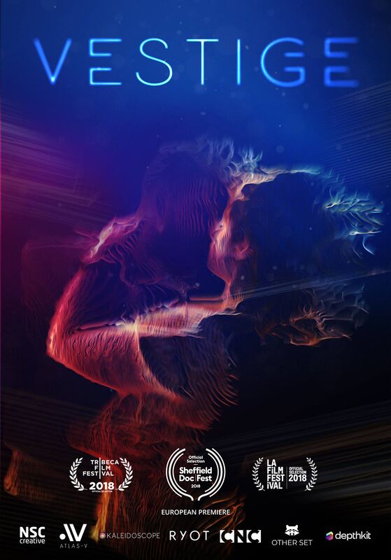 Festival poster for Vestige showing a translucent blue and red human figure suspended against a dark field.
