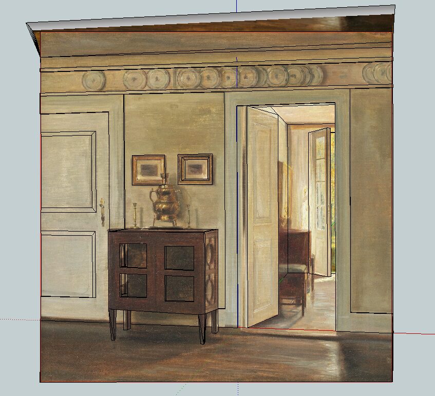A frontal view of a paneled room reconstructed from a painting inside a 3D modeling viewport.