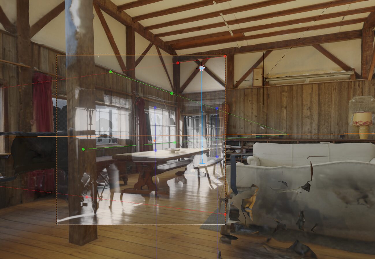 Blender viewport showing an archival image plane positioned within the scanned Flaherty farmhouse, with the camera guide visible.