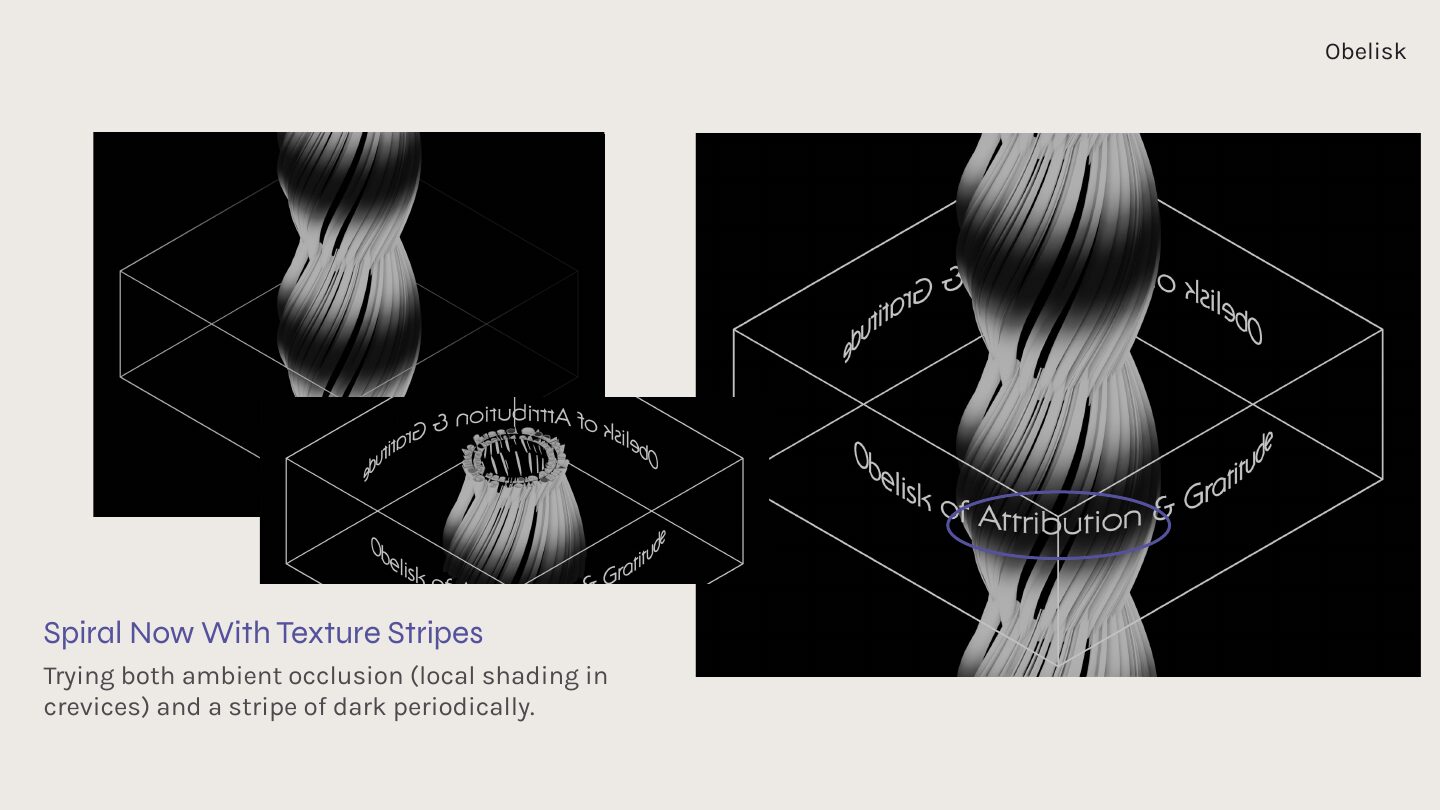 Three Blender tests show credit text wrapped around a twisting, fluted form inside a wireframe display cube.
