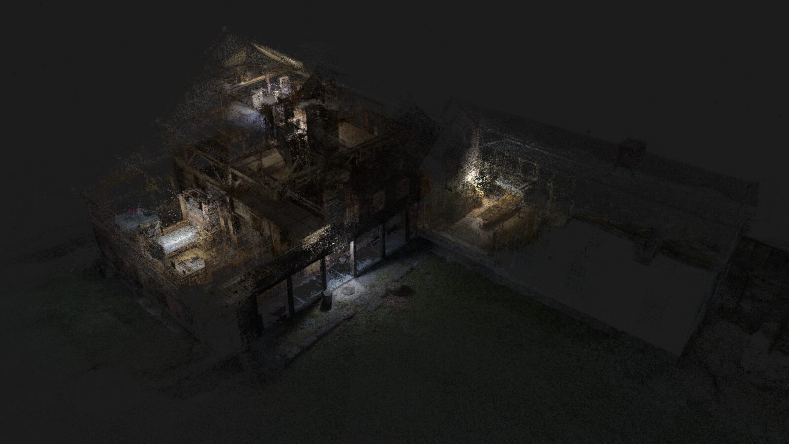 A dark projection test opens the scanned farmhouse from above, with illuminated rooms holding their position inside the larger structure.