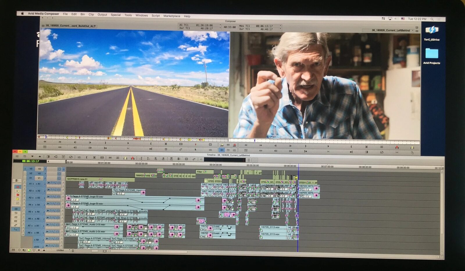 An editing timeline beneath images of a desert road and a resident of Truth or Consequences.