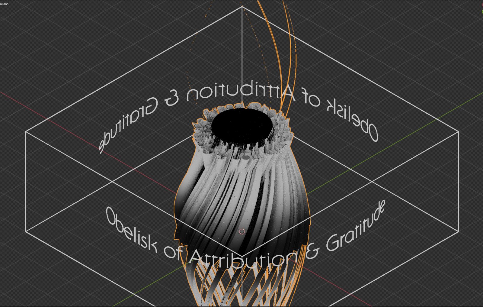 A Blender viewport shows curved title text wrapping through a wireframe display volume around a fluted gray form.