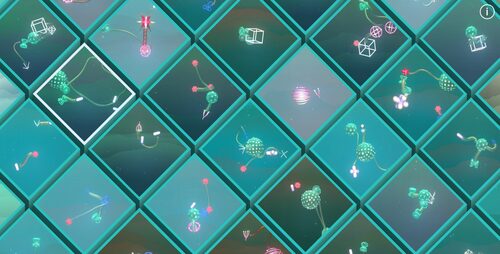 A grid of digital aquarium cells contains many colorful participant-built creatures.
