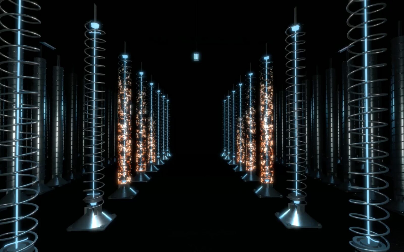 A dark corridor is lined with luminous helical columns surrounding a bright central structure.