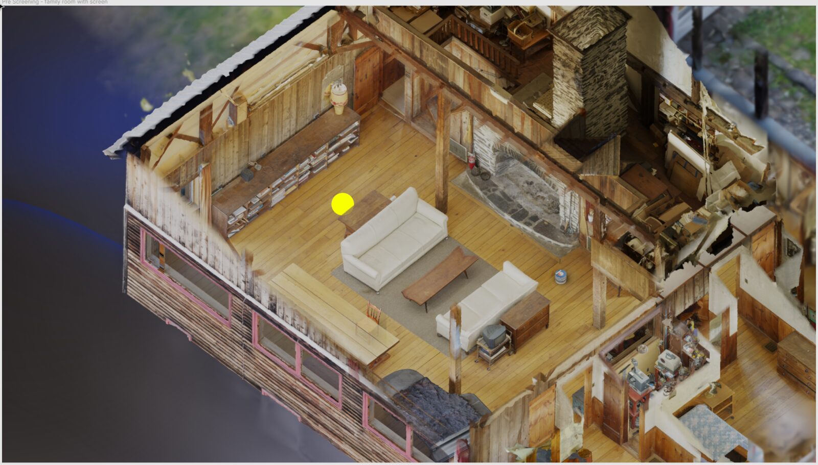 Cutaway photogrammetry model of a furnished farmhouse interior viewed from above.