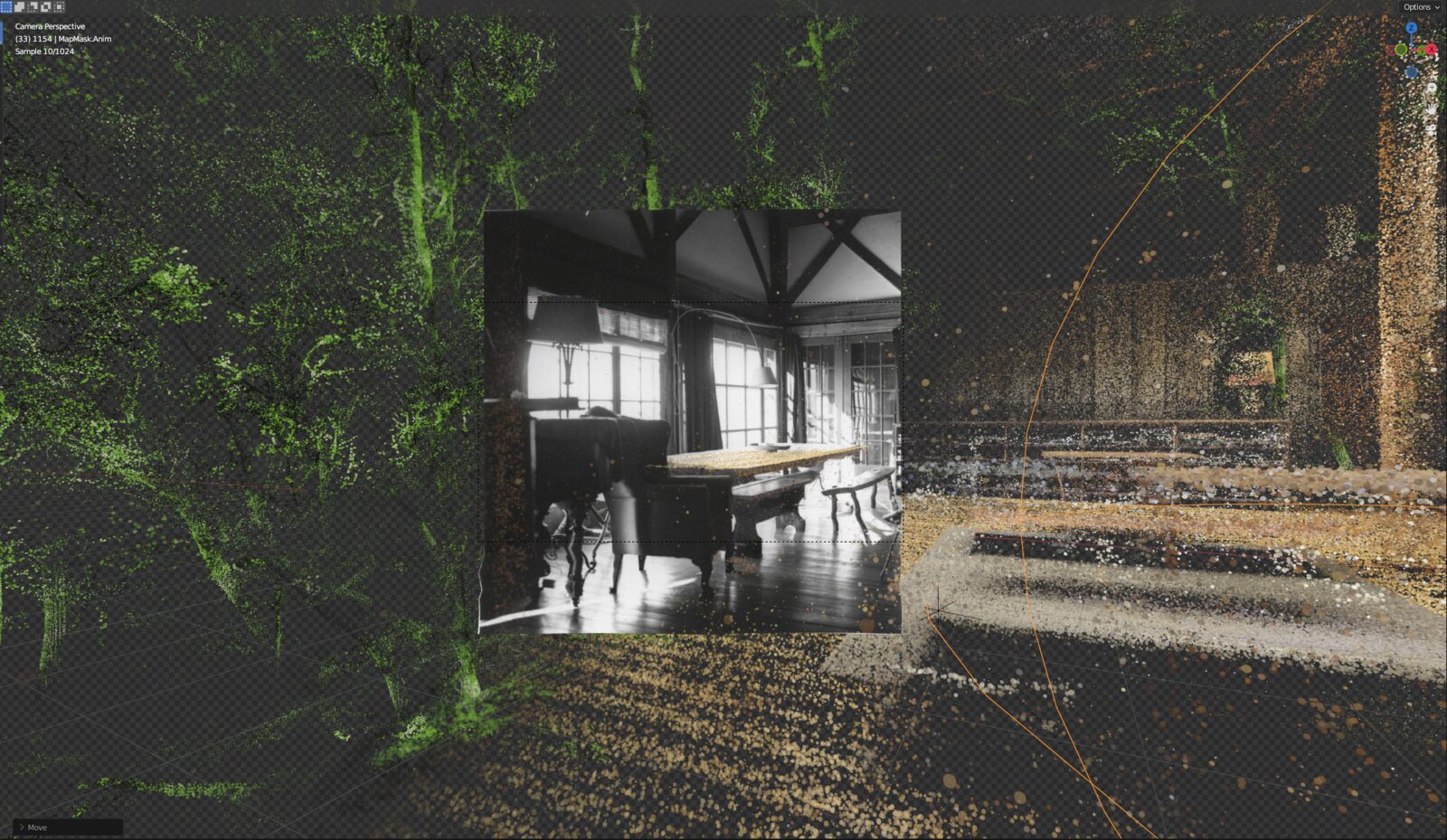 A Blender viewport shows a historic black-and-white farmhouse photograph aligned within a colored point-cloud reconstruction.