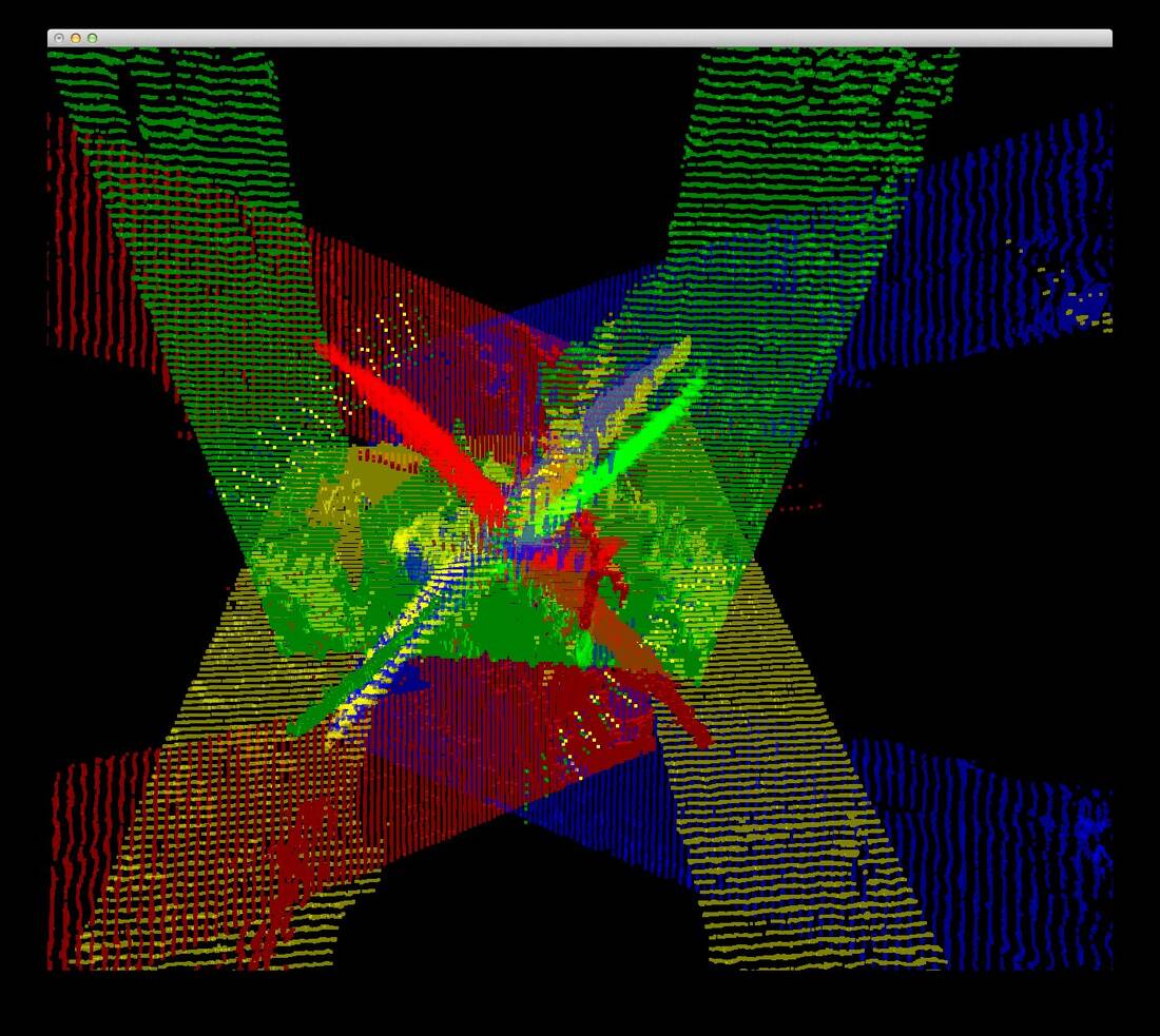 Four color-coded RGB-D camera views converge around a central capture during calibration.