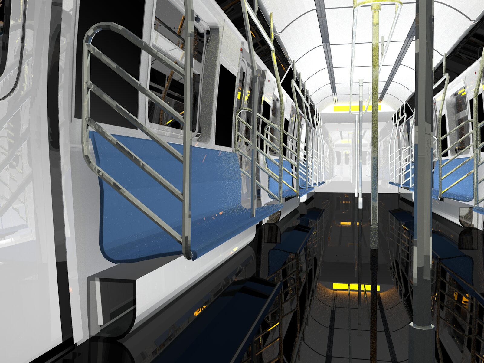 A white-and-blue development render of the subway train car built for Blackout.