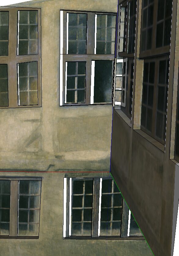 A narrow room corner with a bright window reconstructed from a painting inside a 3D viewport.