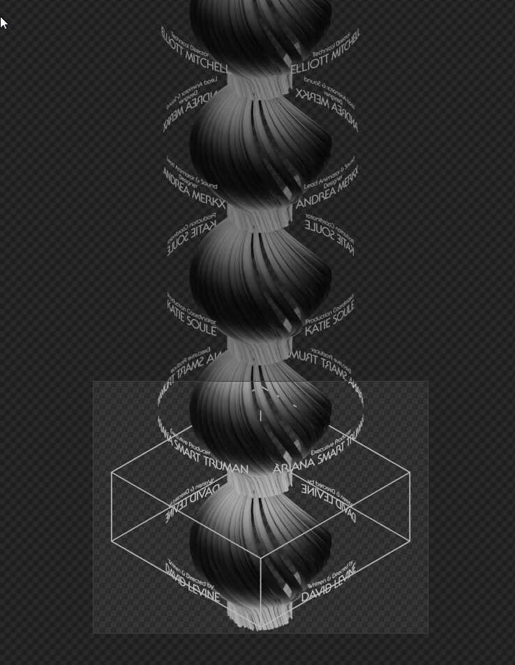 A Blender view shows a tall stack of twisting credit forms passing through a wireframe display volume, with names arranged around every side.