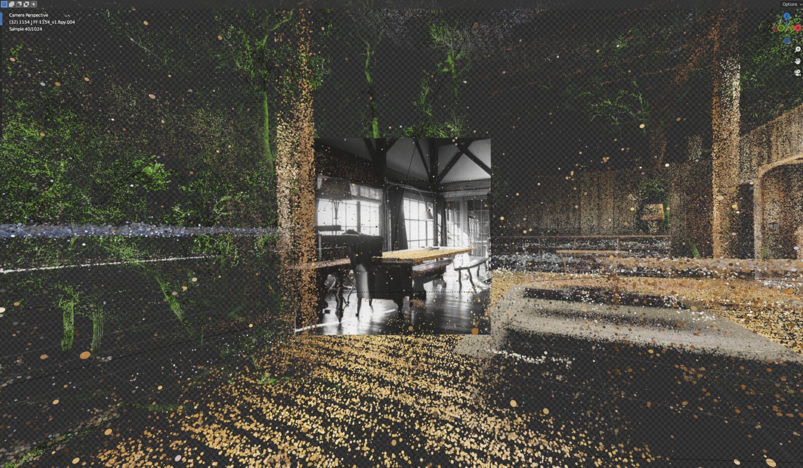 Blender viewport showing a farmhouse interior assembled from gold, green, and white point-cloud data.