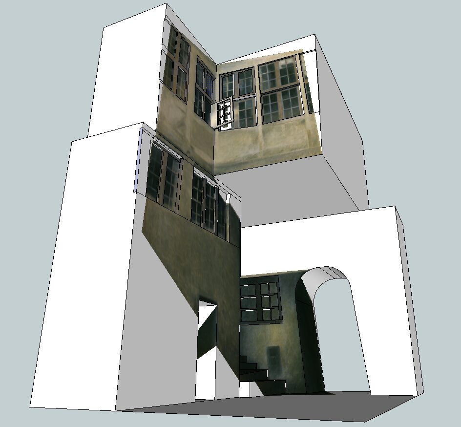 A pale room reconstructed as intersecting image planes inside a gray 3D modeling viewport.