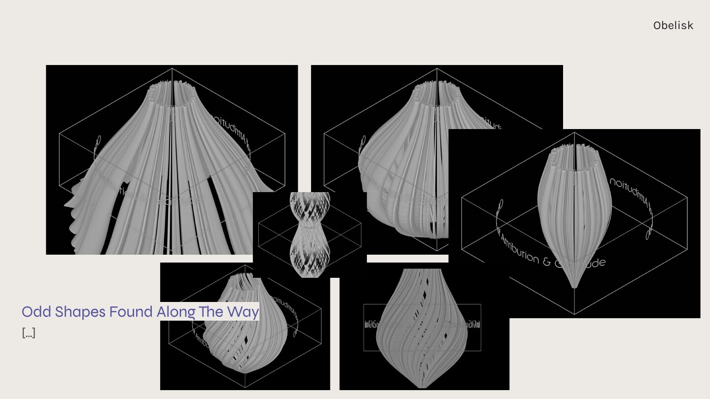 A collage of six unexpected fluted title forms sits inside wireframe cubes under the label Odd Shapes Found Along The Way.