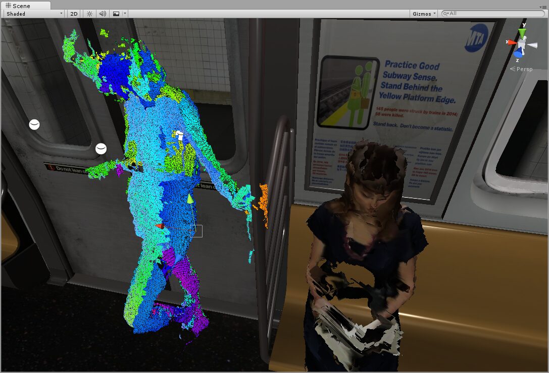 A colored point-cloud passenger composited inside Blackout's subway car.