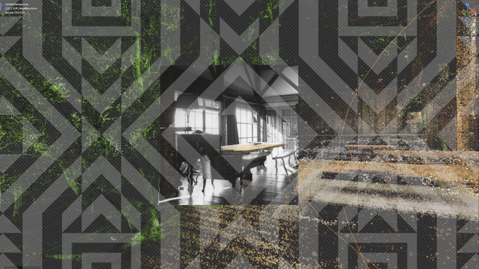 Layered Blender view combining the scanned Flaherty farmhouse, a historical interior photograph, point-cloud fragments, and the seminar’s geometric pattern.