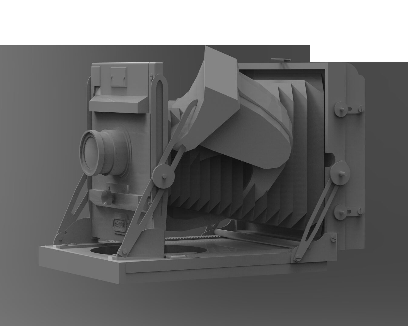A gray 3D model combines a large-format bellows camera with a second camera or sensor mounted at the front.