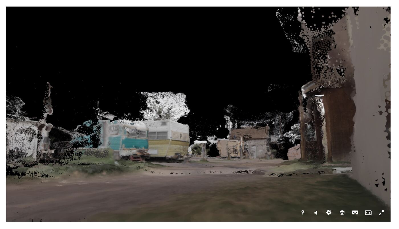 The An Artifact web interface presents a reconstructed trailer park as colored points against black.