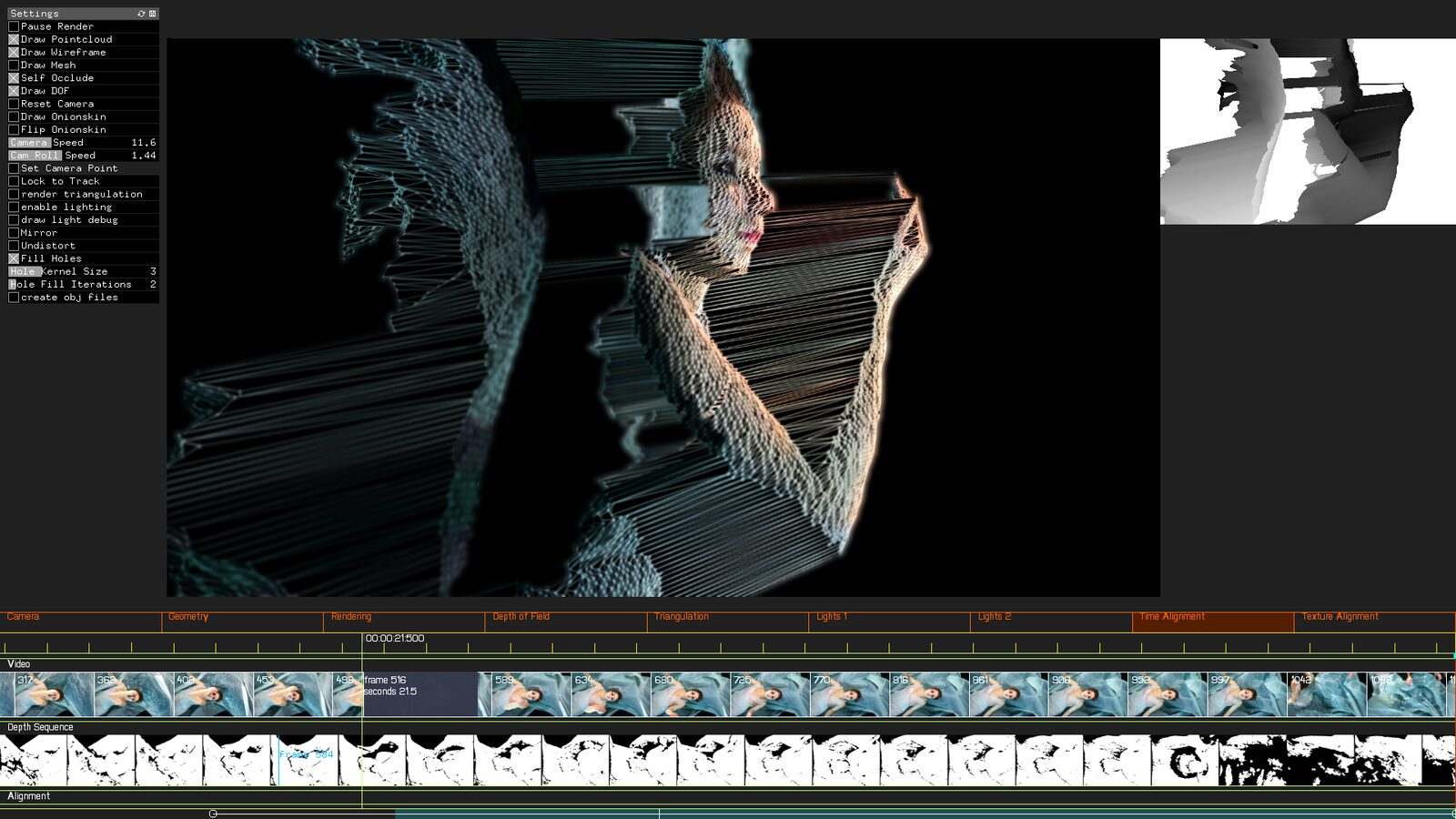 Depthkit visualization interface aligning color video and depth information around a volumetric portrait.