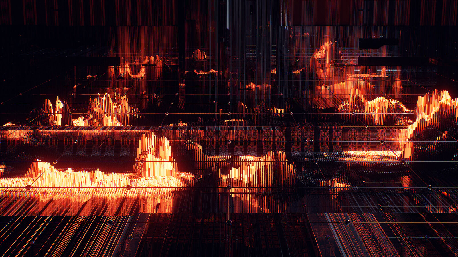 Glowing orange structures rise from a dark, layered digital landscape.
