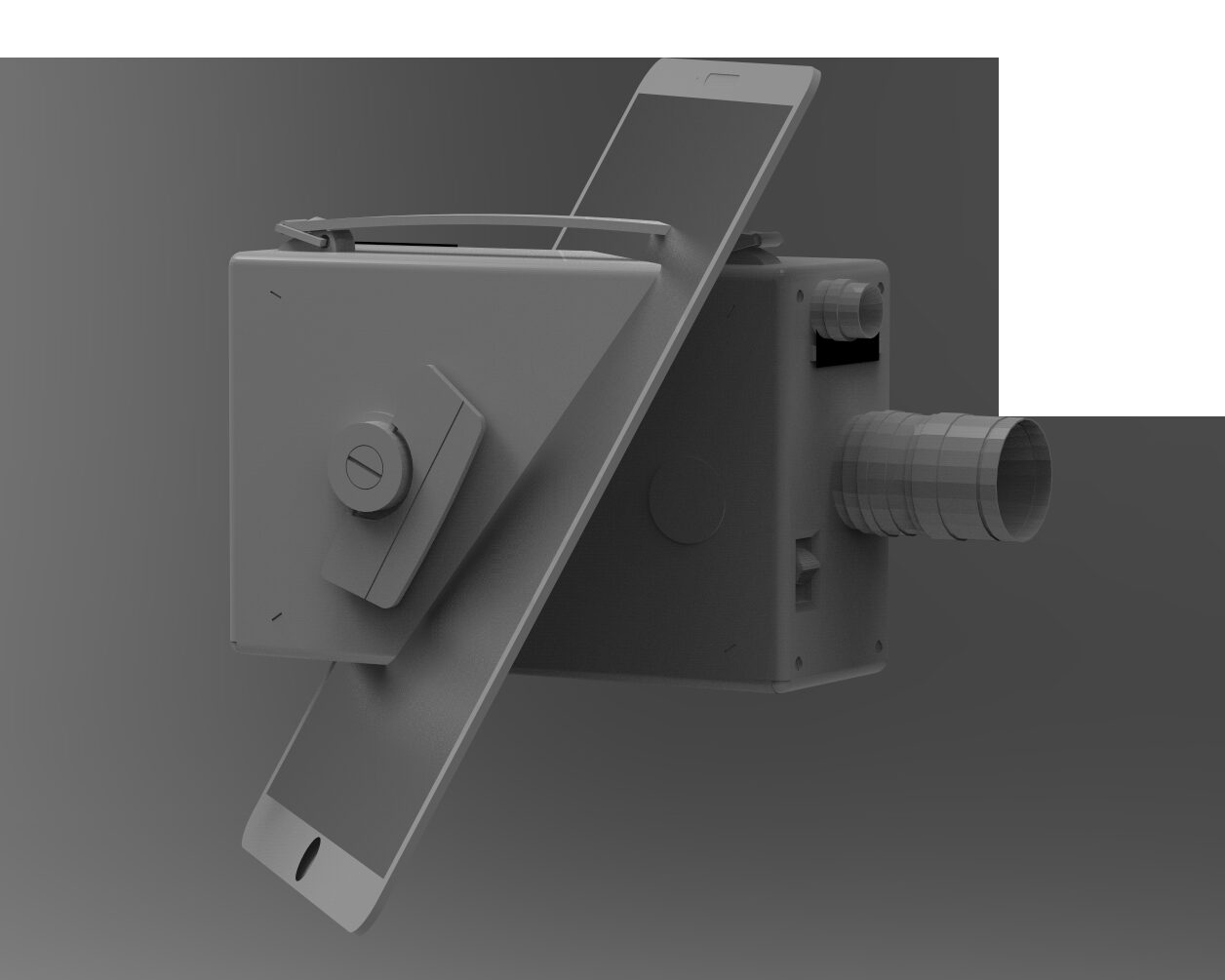 A gray 3D model combines a tablet-like screen with a box-shaped motion-picture camera.