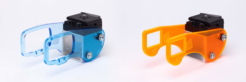 Blue Kinect and orange Asus Depthkit camera mounts are displayed side by side on a white background.
