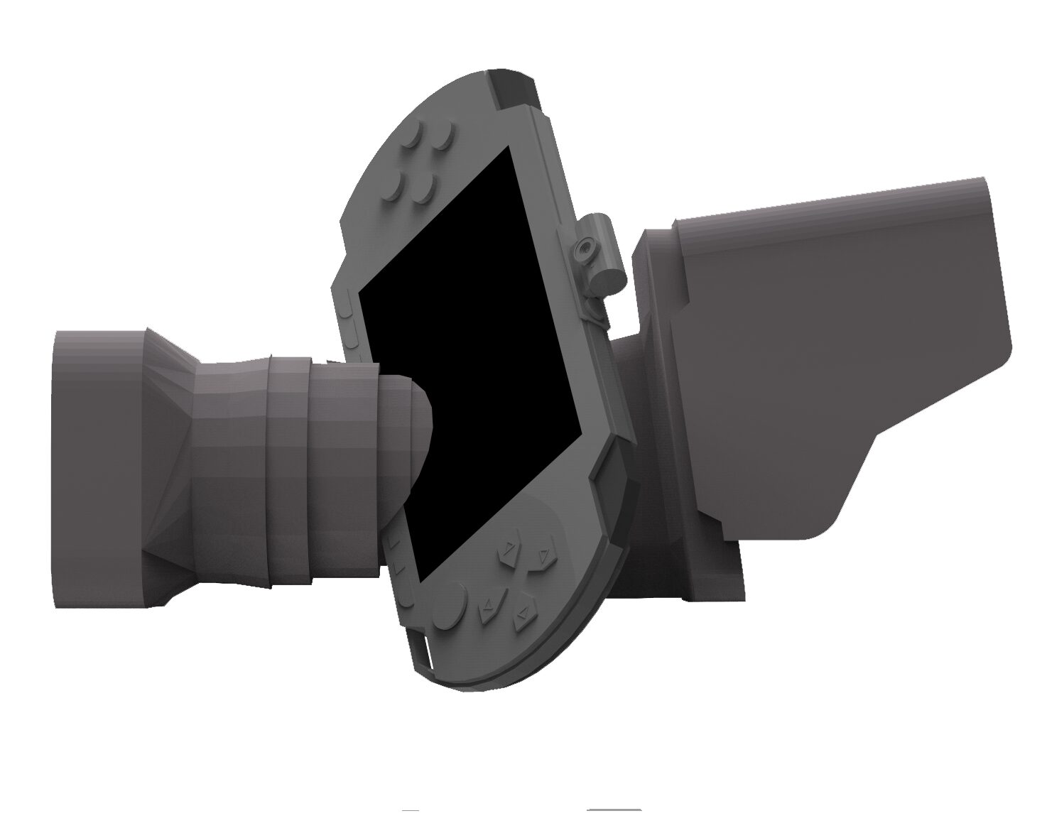 A gray 3D model combines a cinema-camera body with a handheld-console-like screen and controls.