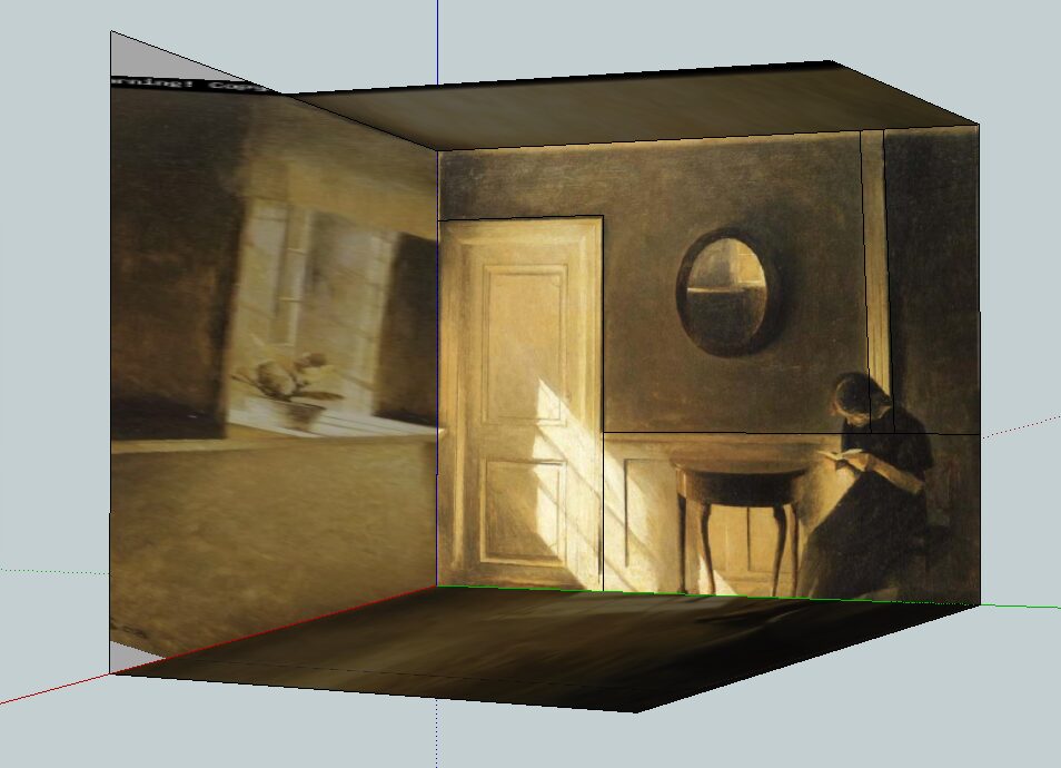 A dark boxed interior with a small figure and painted walls reconstructed in a 3D viewport.