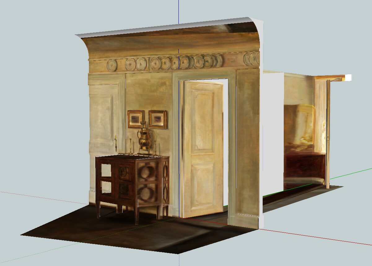 An oblique view of a paneled interior reconstructed as shallow 3D geometry from a painting.