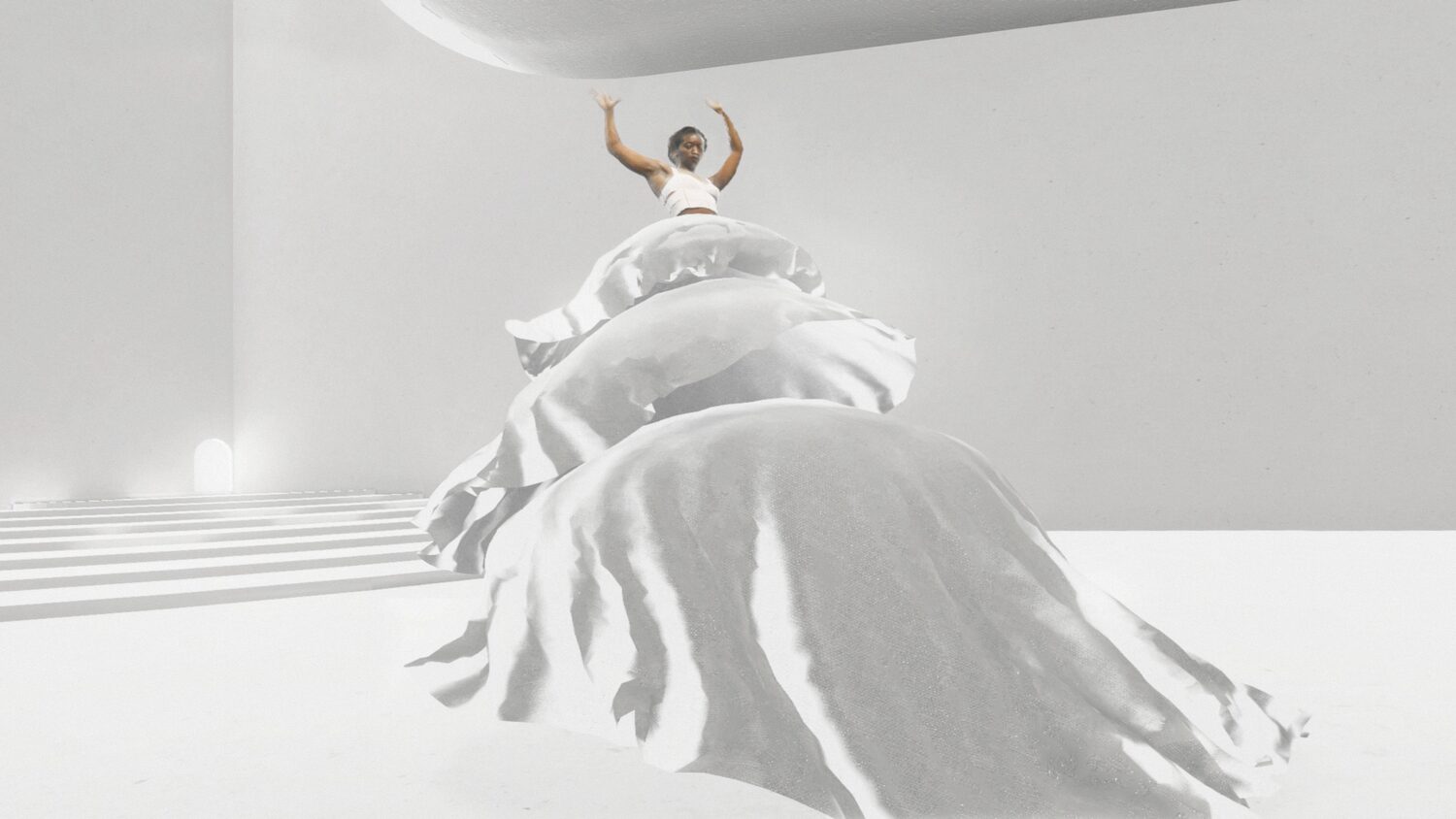 An ethereal white figure rises above layered fabric-like forms in a luminous monochrome scene.